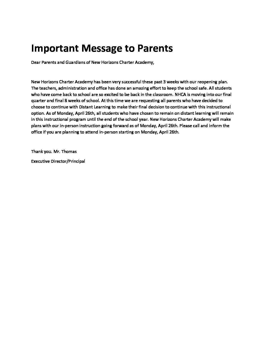 Important Message to Parents