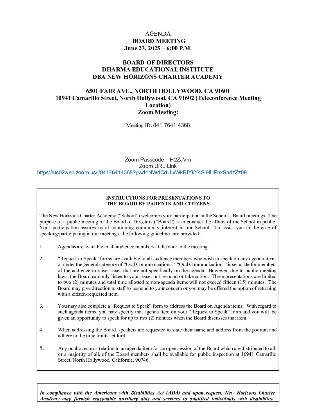 Board Meeting Monday June 23rd, 2025 at 6:00 pm