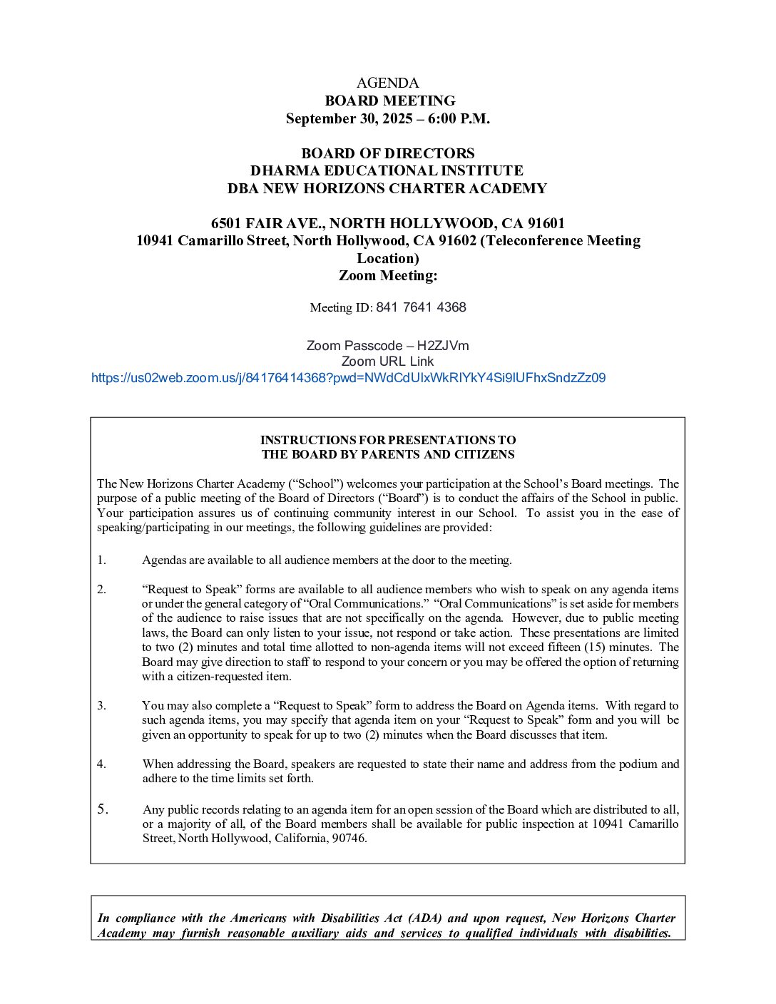 Board Meeting Agenda September 30th, 2025 at 6:00 pm