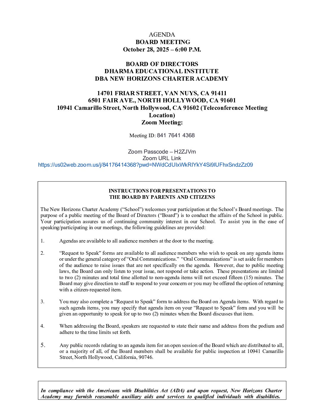 AGENDA BOARD MEETING October 28, 2025 6:00 P.M.