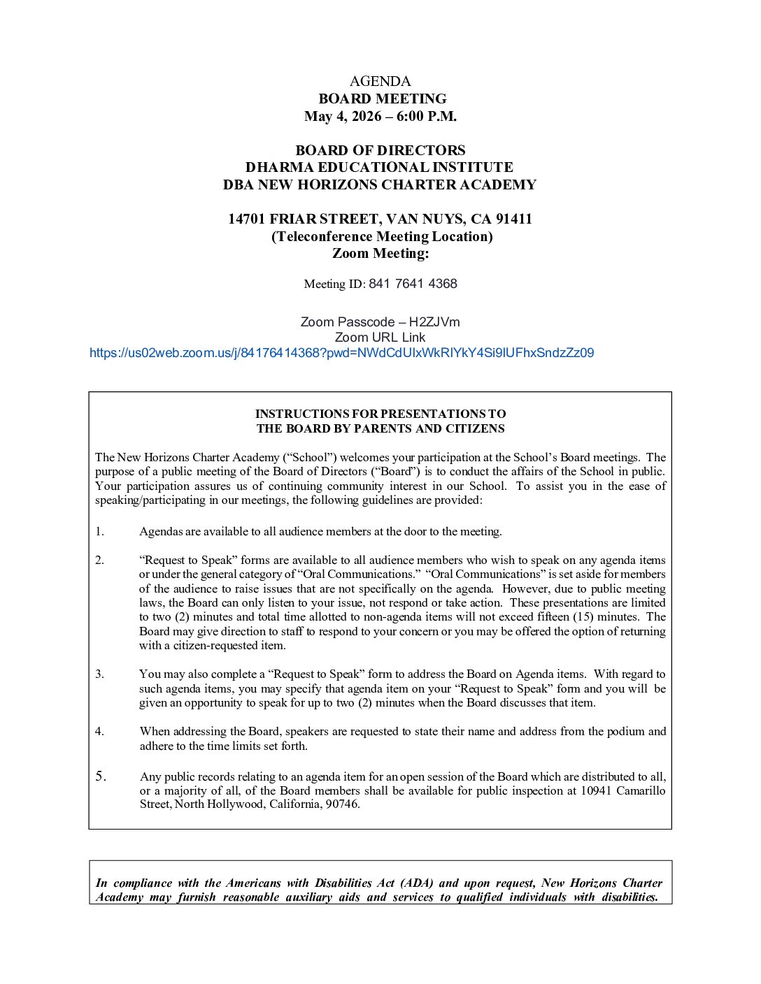 Board Meeting Agenda May 4, 2026 – 6:00 P.M.